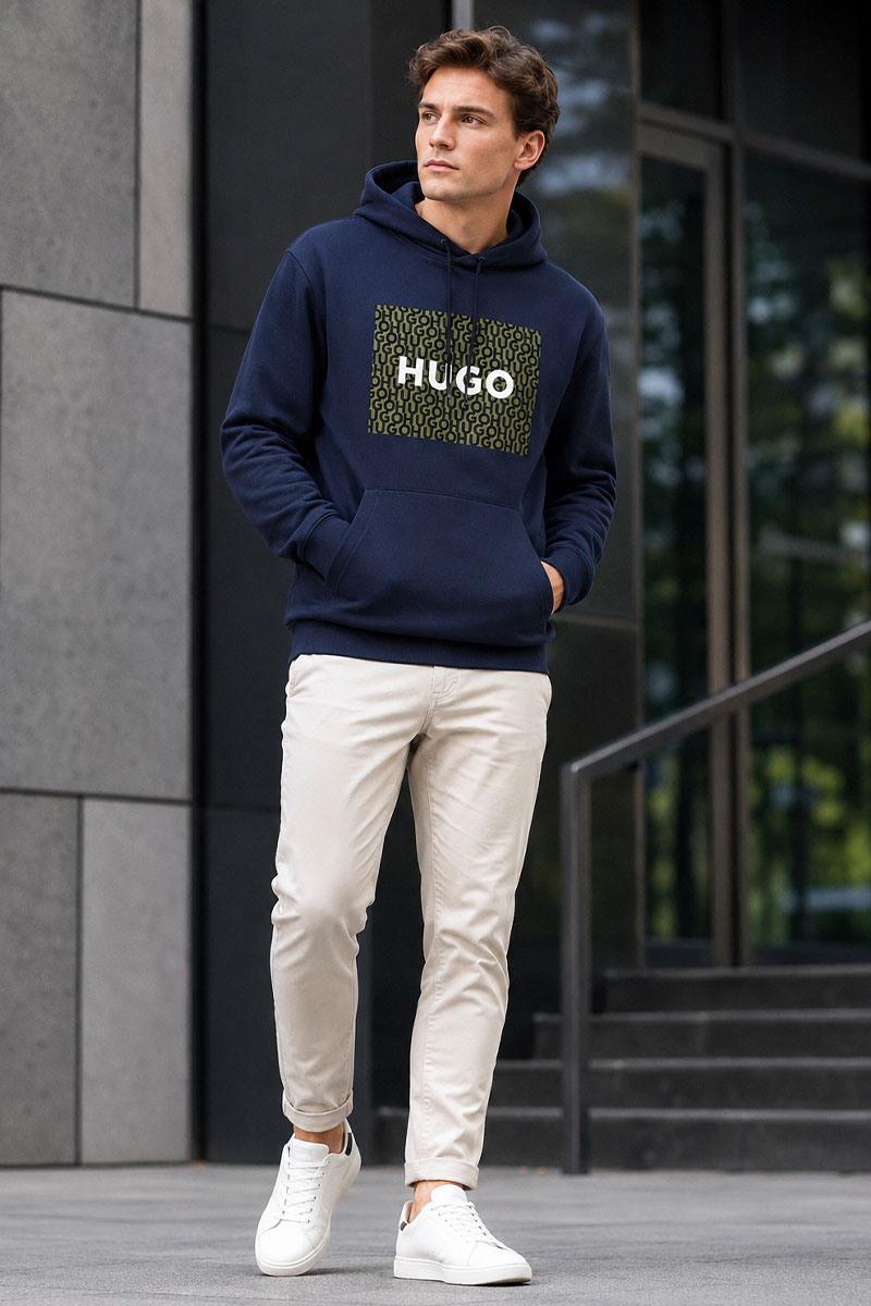Hugо Воss Тёмно-синее мужское худи Dreeman logo-print