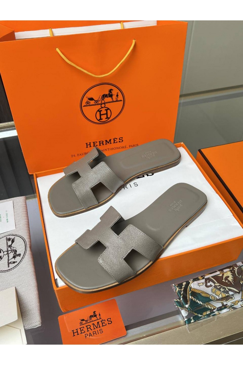 Hermes Женские кожаные шлёпанцы  Premium - Grey