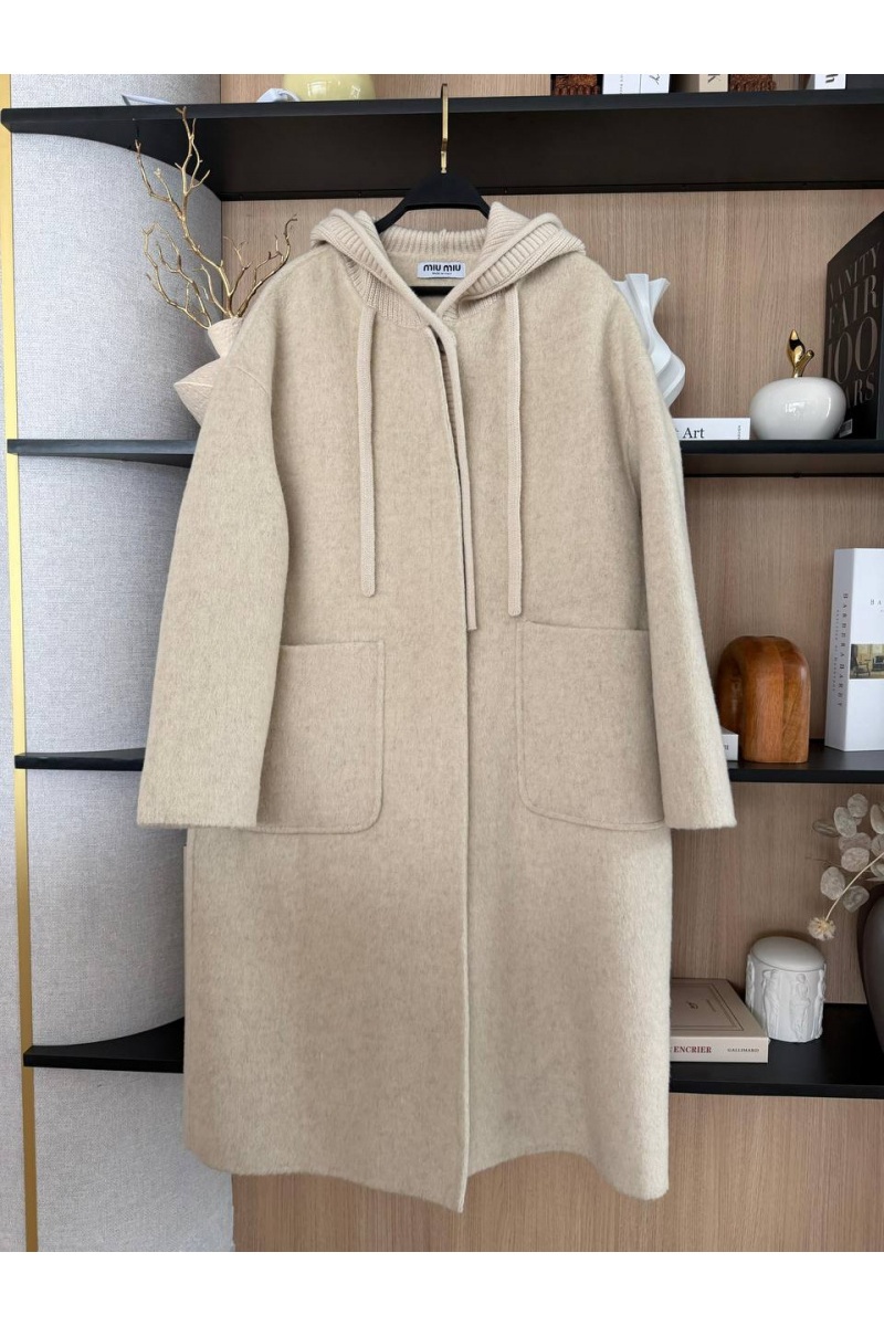 MIU MIU Женское шерстяное пальто с капюшоном Premium - Beige
