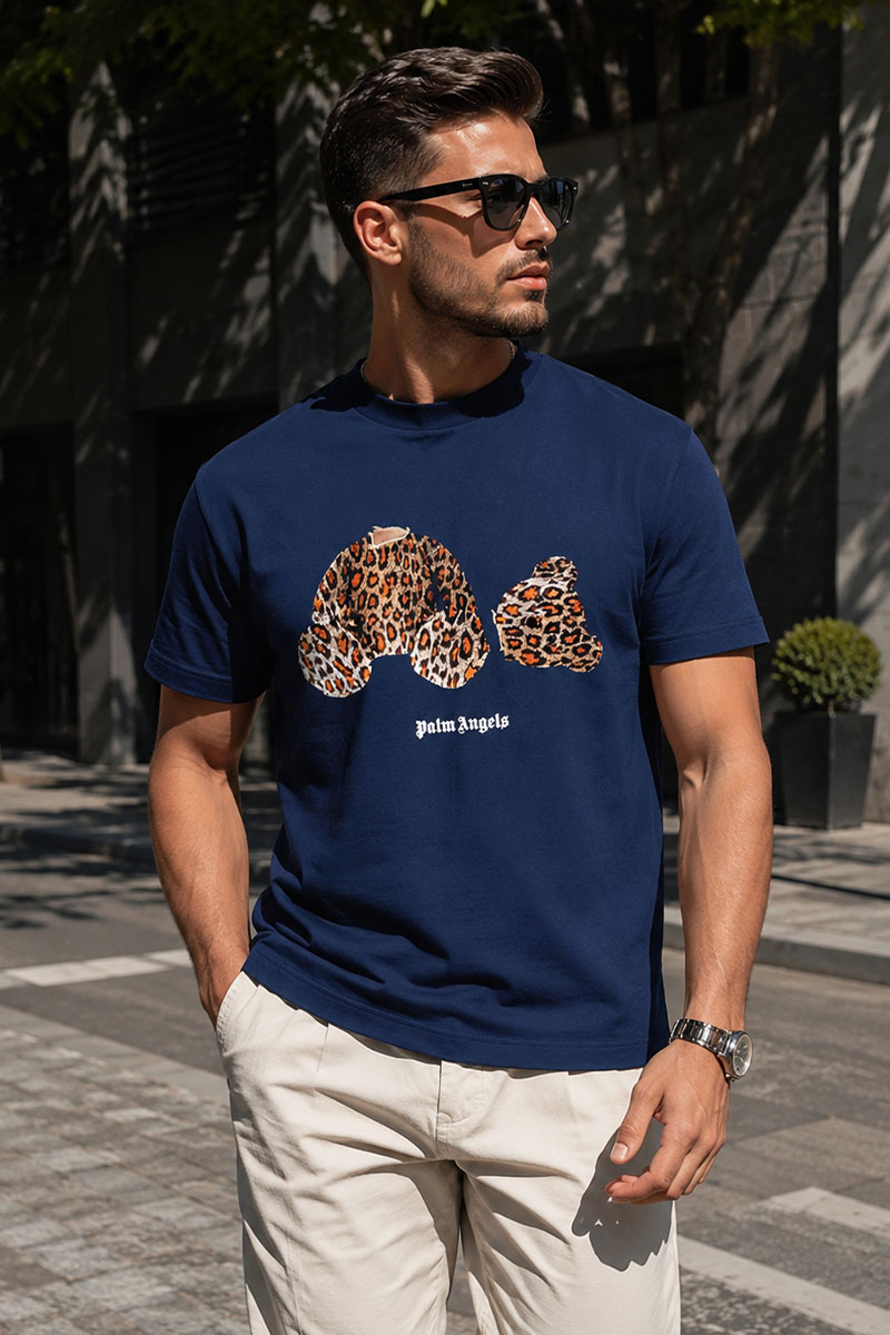 Palm Angels Тёмно-синяя оверсайз футболка Leopard Bear