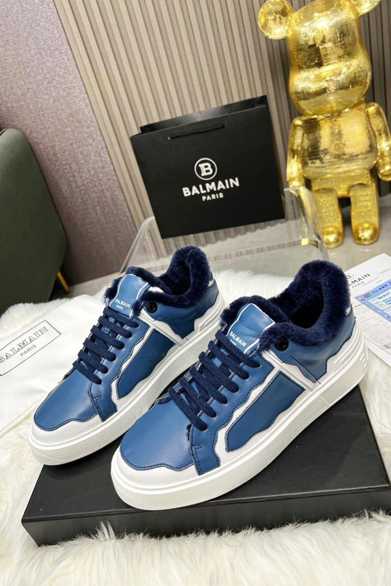Balmain Кожаные кроссовки с мехом low-top - Blue / White