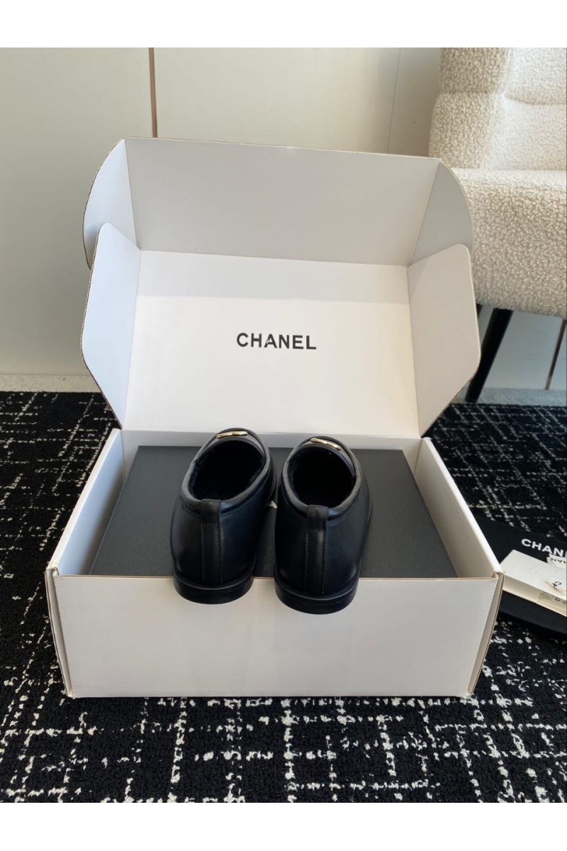 Chаnеl Женские кожаные лоферы с мехом Premium - Black