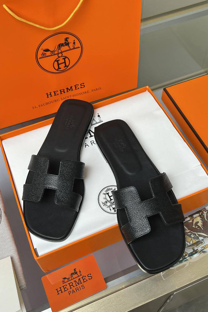 Hermes Женские кожаные шлёпанцы Premium - Black