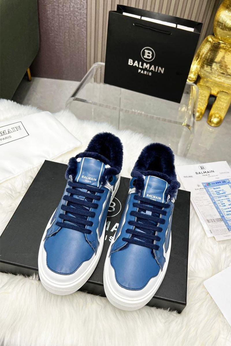 Balmain Кожаные кроссовки с мехом low-top - Blue / White