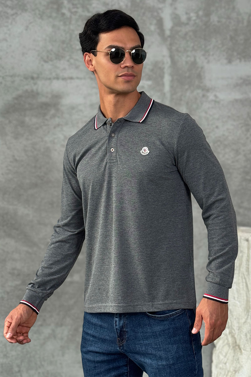 Moncler Серое поло с длинным рукавом logo-patch